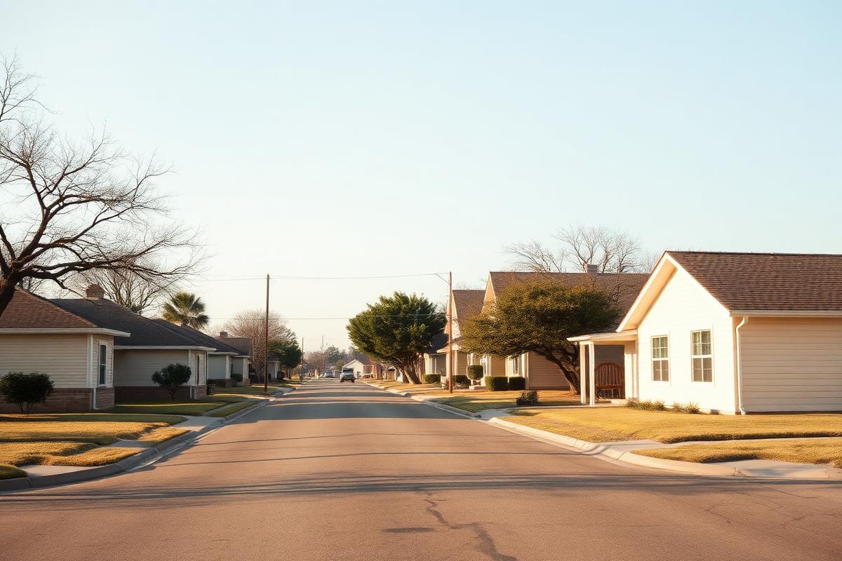 Placeholder photo of a quiet street with single-story Texas homes