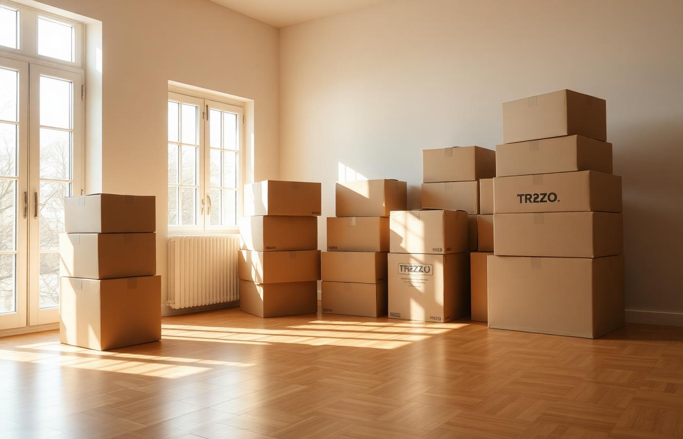 Moving boxes stacked in a sunlit empty living room